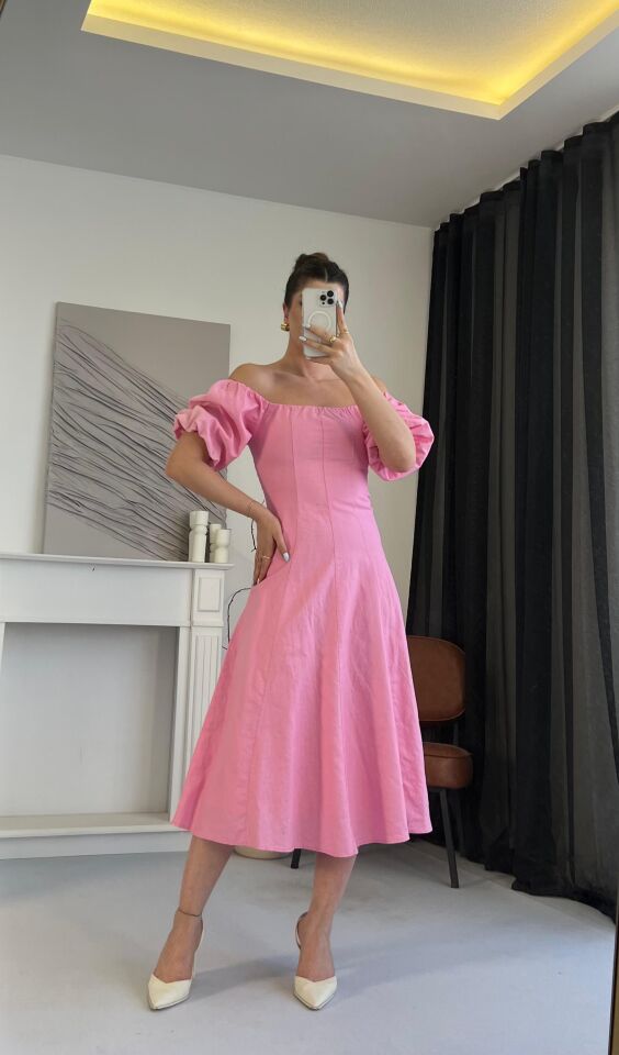 Balon Kol Madonna Yaka Pembe Elbise