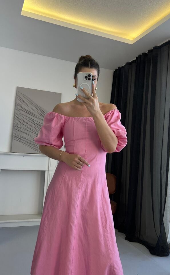 Balon Kol Madonna Yaka Pembe Elbise