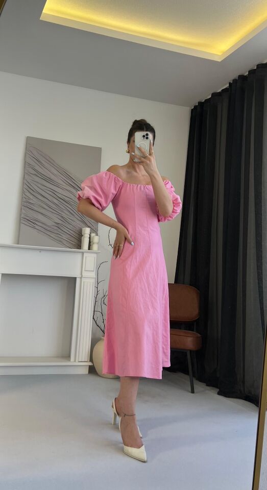 Balon Kol Madonna Yaka Pembe Elbise