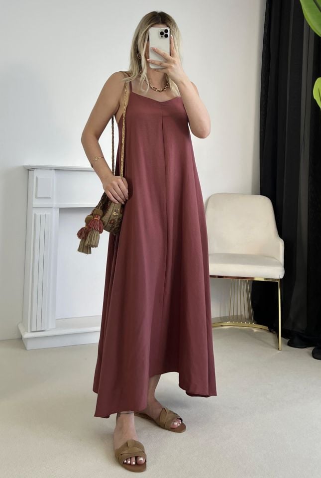 Bordo Tensel Kumaş Askılı Elbise