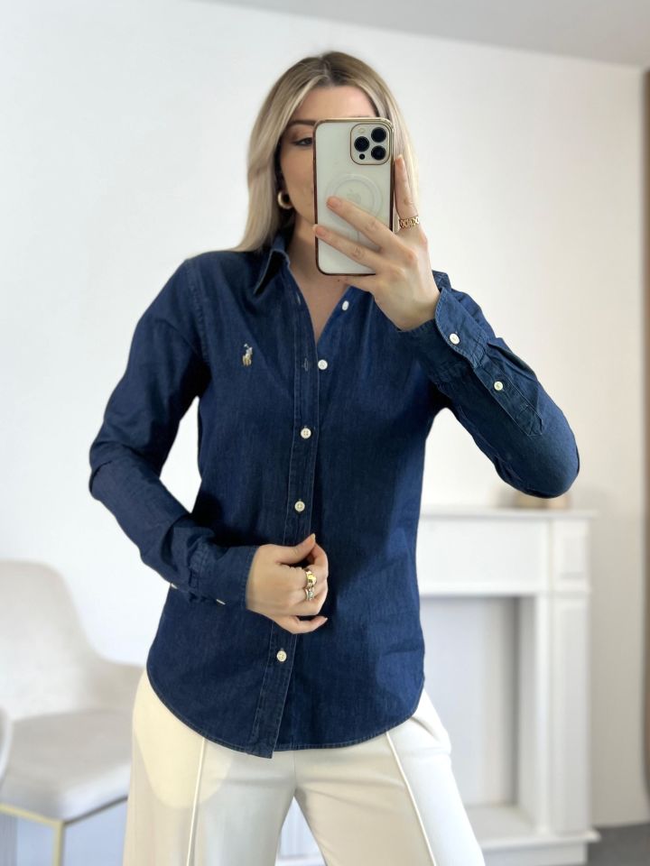 Lacivert Ufak Nakış Detay Denim Gömlek