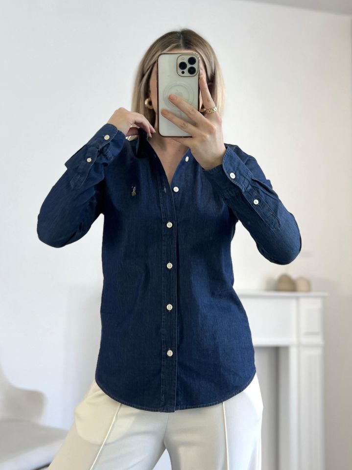 Lacivert Ufak Nakış Detay Denim Gömlek