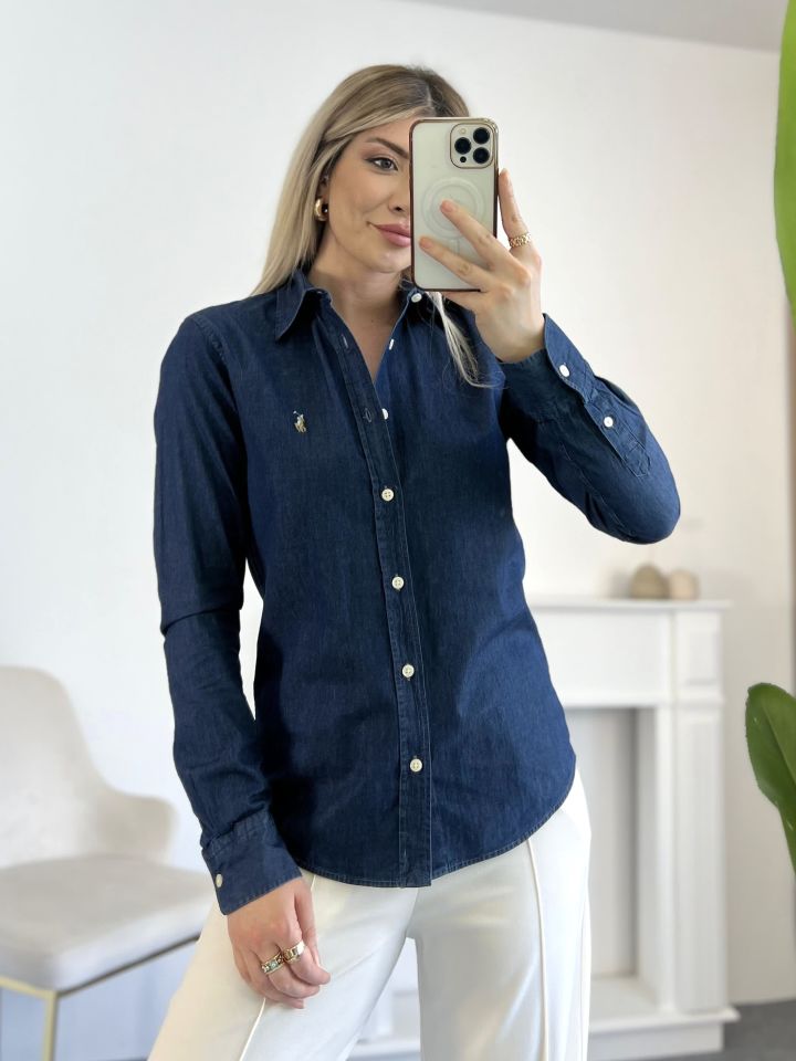 Lacivert Ufak Nakış Detay Denim Gömlek