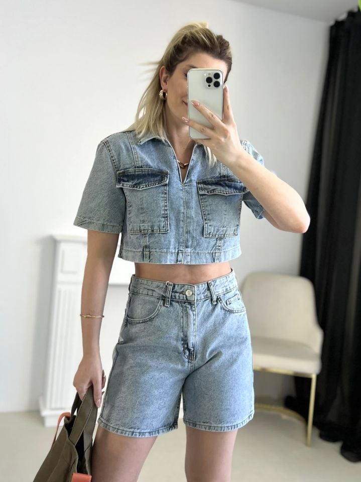 Buz Mavi Cep Detay Jean Takım