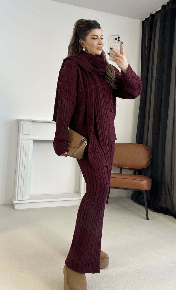 Bordo Atkı Detay Sırma Örgü Triko Takım