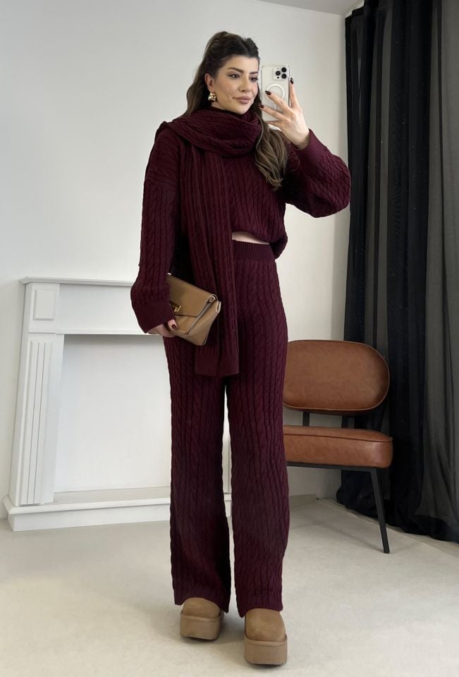 Bordo Atkı Detay Sırma Örgü Triko Takım