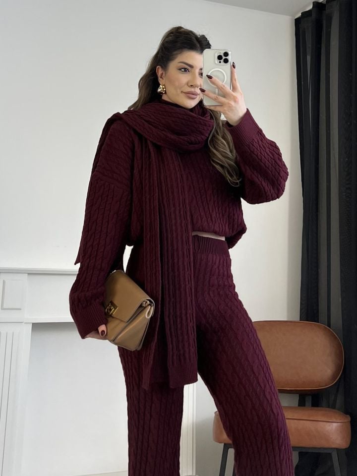 Bordo Atkı Detay Sırma Örgü Triko Takım