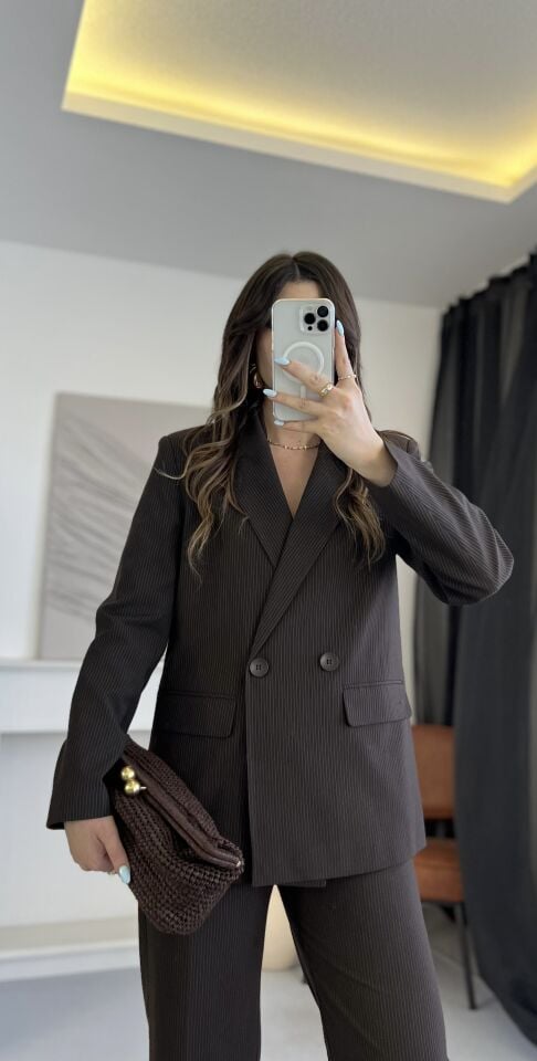 Çizgili Kruvaze Kahve Blazer Ceket