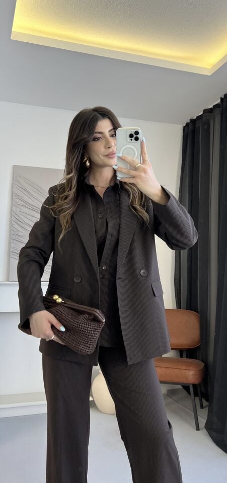 Çizgili Kruvaze Kahve Blazer Ceket