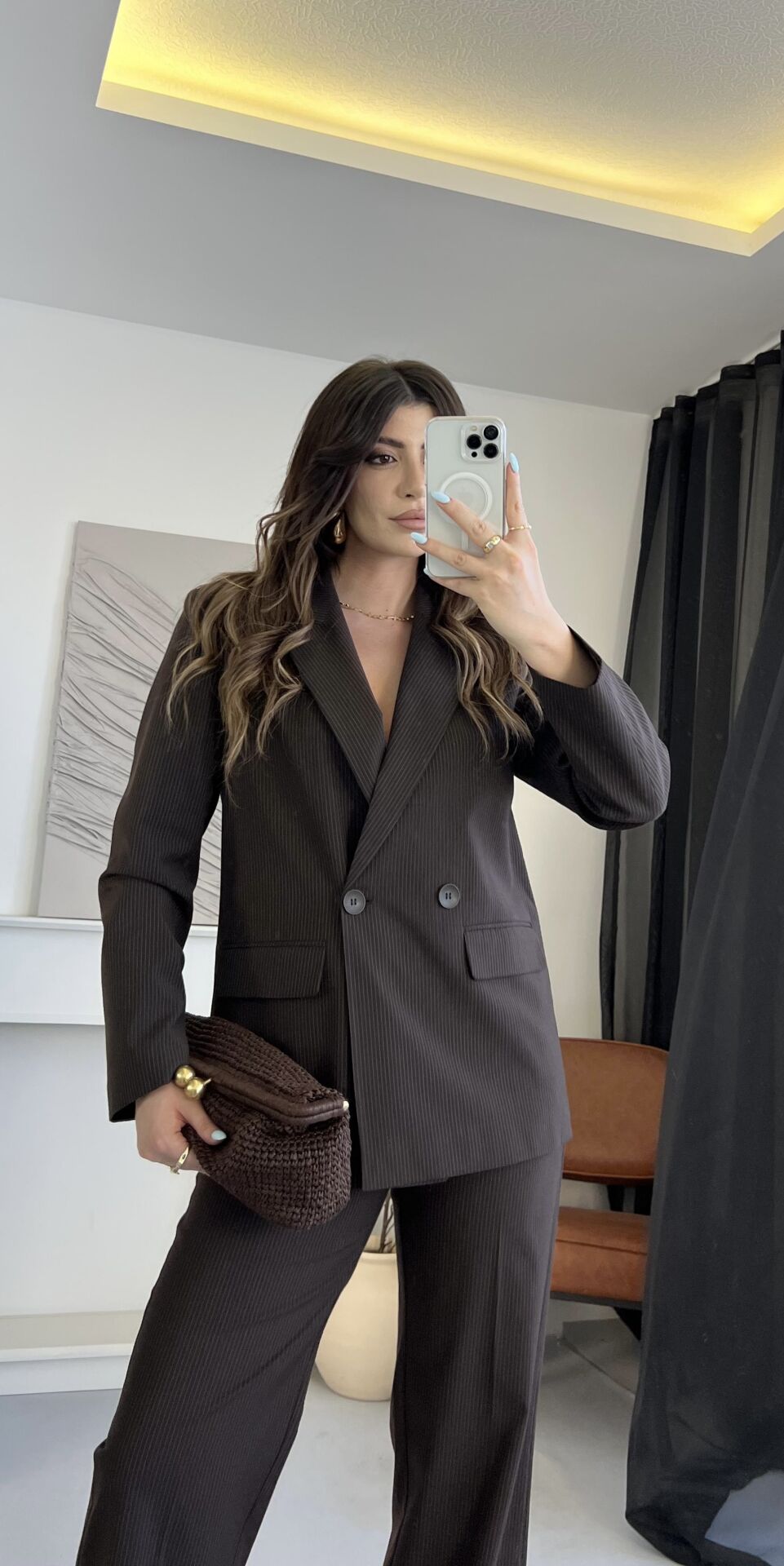Çizgili Kruvaze Kahve Blazer Ceket