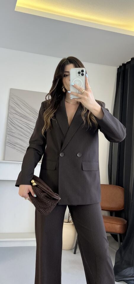 Çizgili Kruvaze Kahve Blazer Ceket