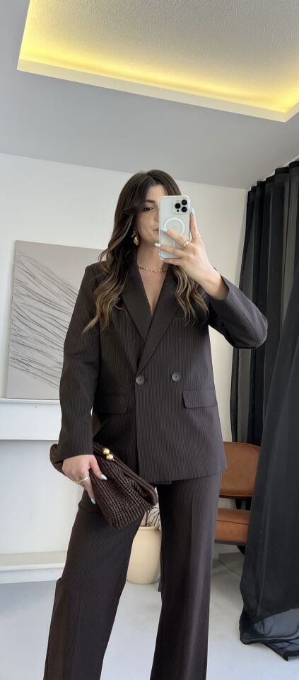 Çizgili Kruvaze Kahve Blazer Ceket