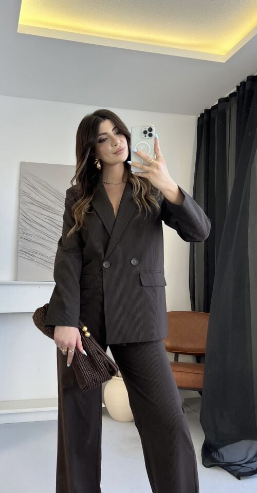 Çizgili Kruvaze Kahve Blazer Ceket