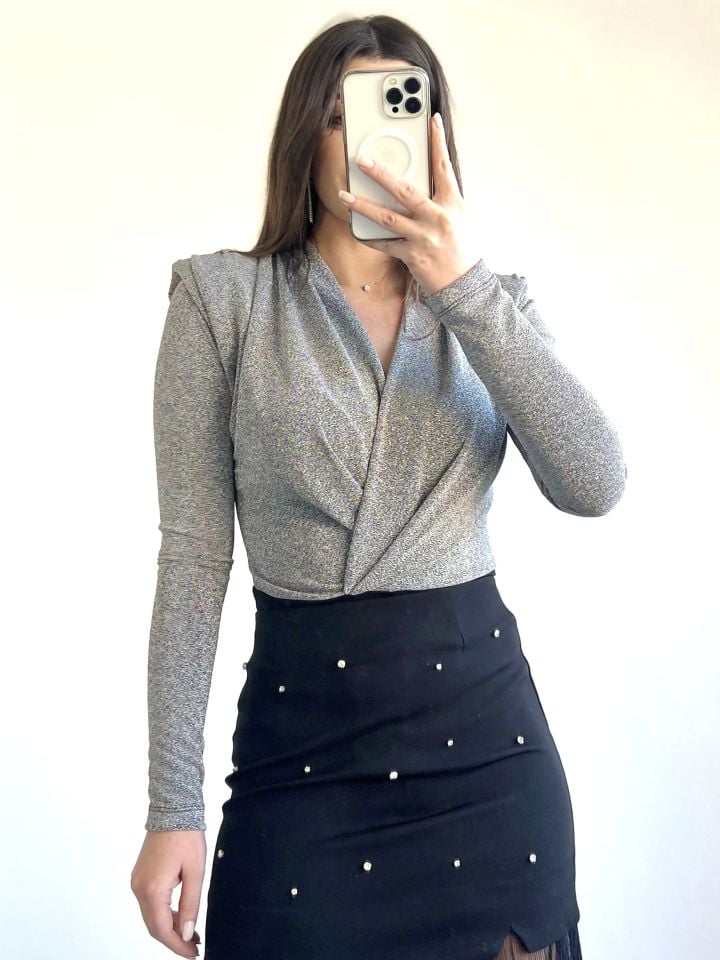 Gümüş Omzu Vatkalı Simli Bodysuit