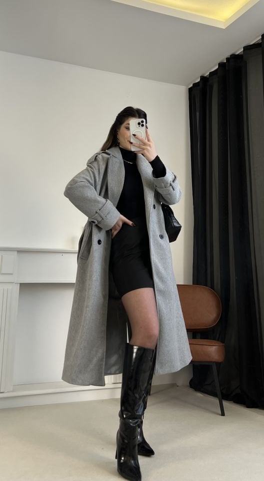 Gri Premium Kaşe Kaban