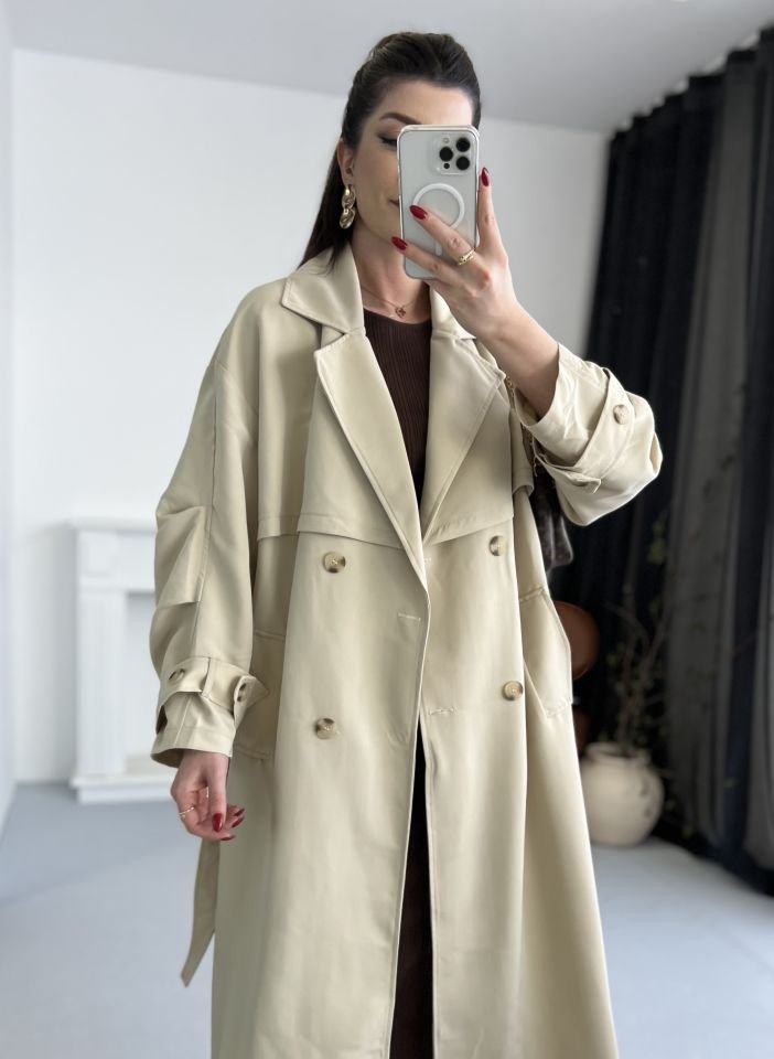 Oversize Kuşaklı Bej Trençkot