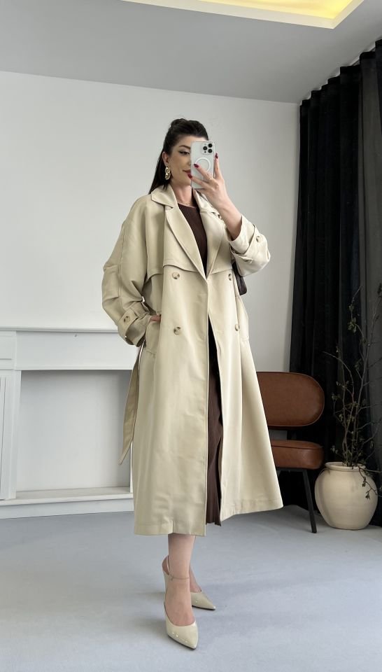Oversize Kuşaklı Bej Trençkot