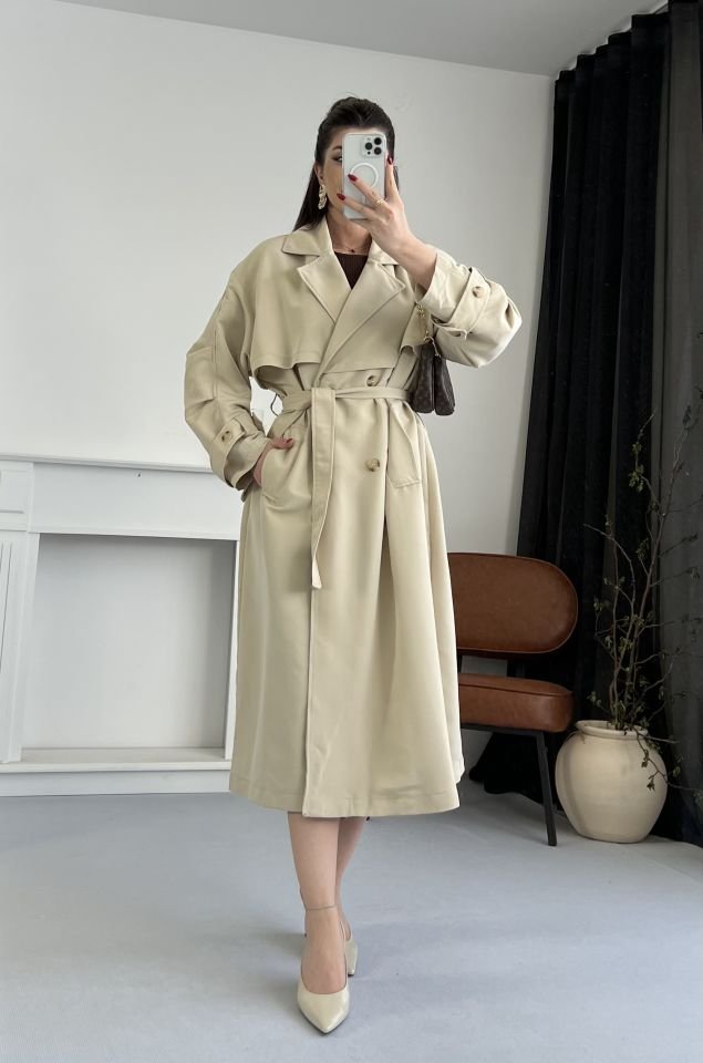Oversize Kuşaklı Bej Trençkot