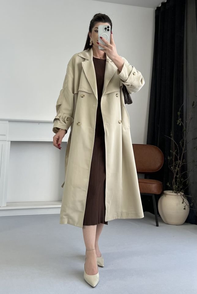 Oversize Kuşaklı Bej Trençkot