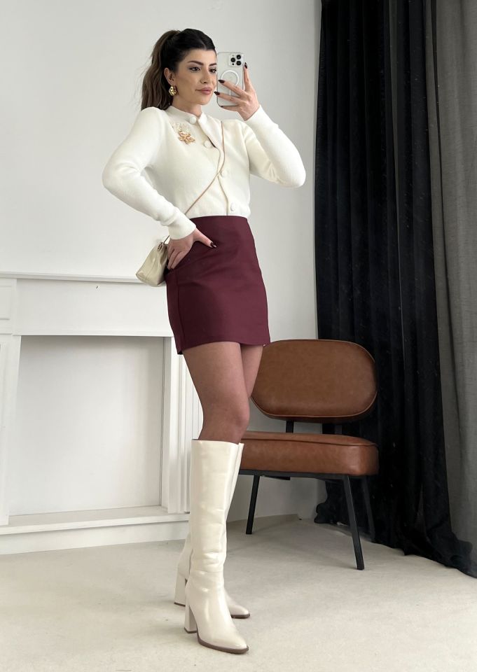 Bordo Tok Kumaş Mini Etek