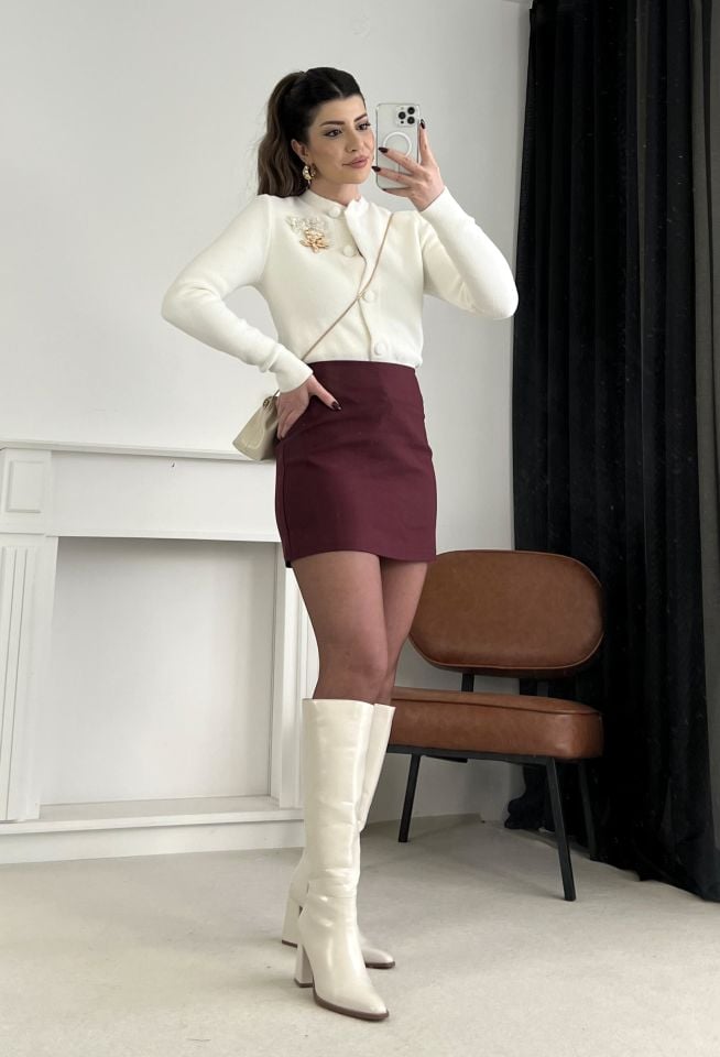 Bordo Tok Kumaş Mini Etek