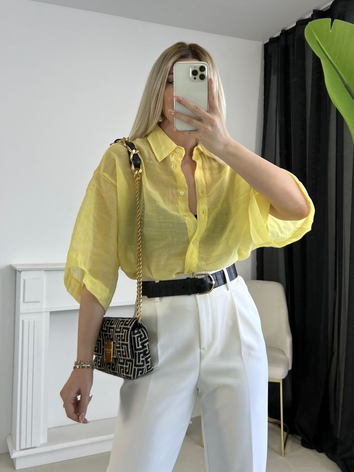 Sarı Oversize Geniş Kol İpeksi Gömlek