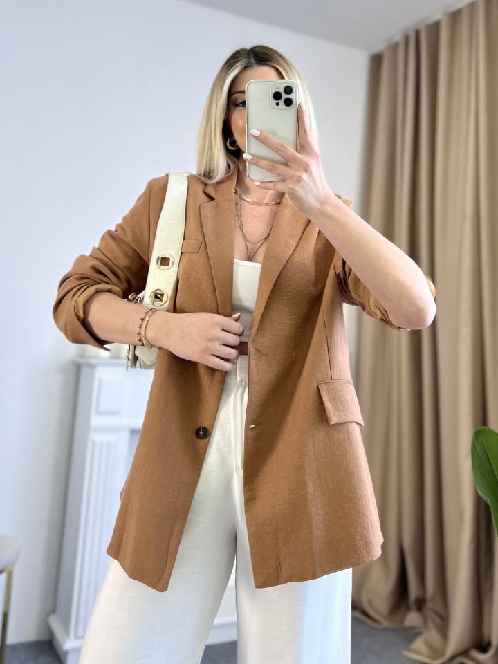 Kahve Oversize Keten Ceket