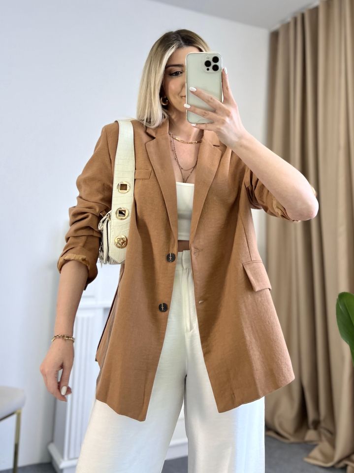Kahve Oversize Keten Ceket
