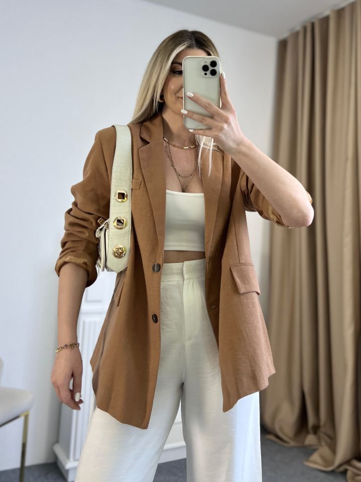 Kahve Oversize Keten Ceket