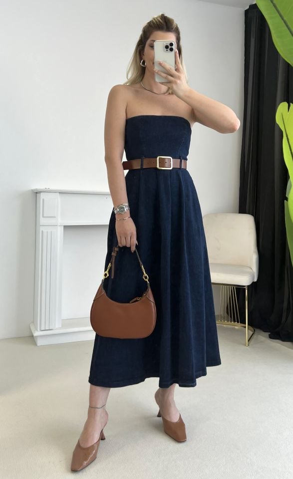 Lacivert Straplez Kemerli Denim Elbise