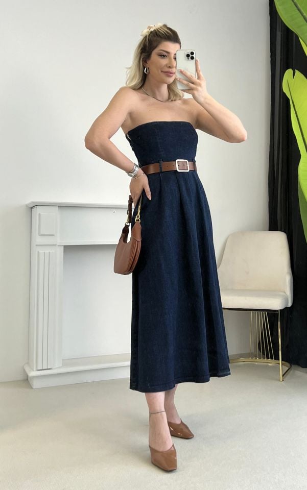 Lacivert Straplez Kemerli Denim Elbise
