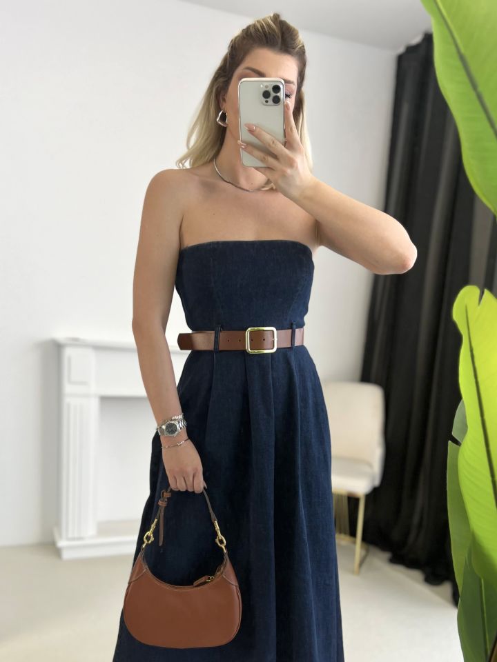 Lacivert Straplez Kemerli Denim Elbise