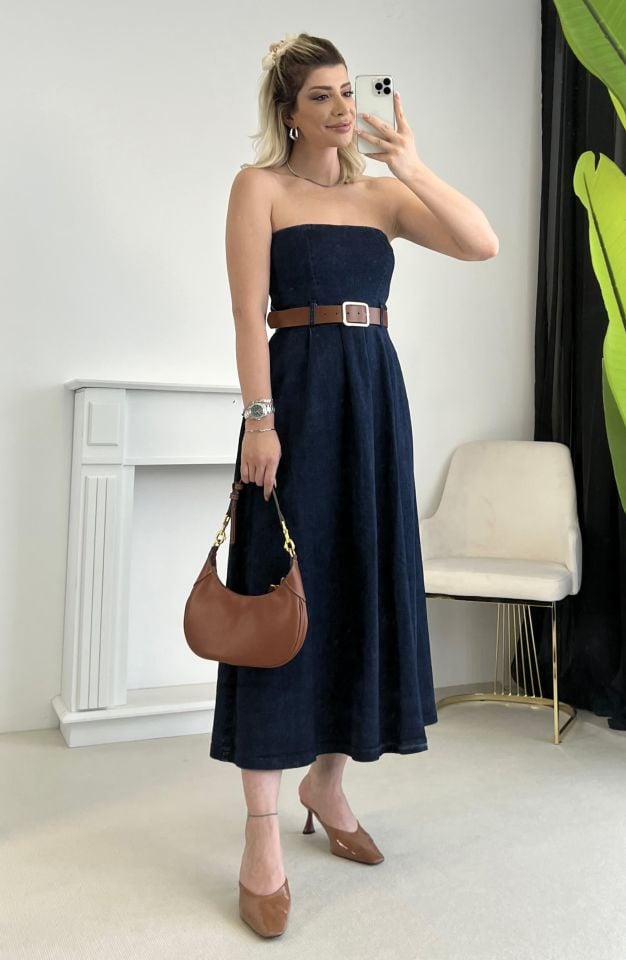 Lacivert Straplez Kemerli Denim Elbise