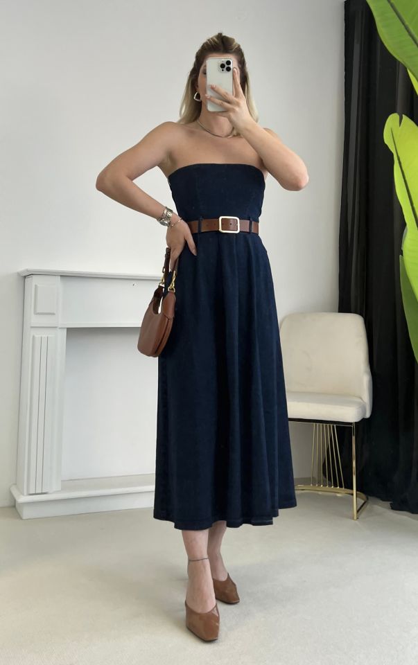 Lacivert Straplez Kemerli Denim Elbise