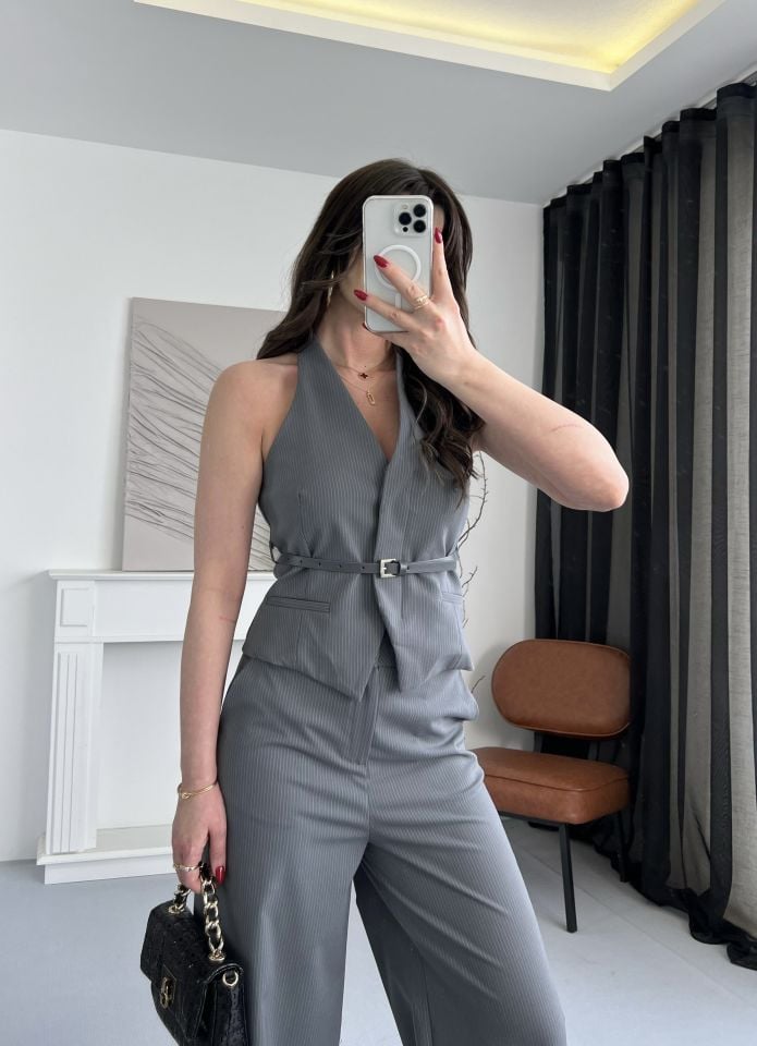 Kemerli Çizgili Gri Yelek & Pantolon Takım