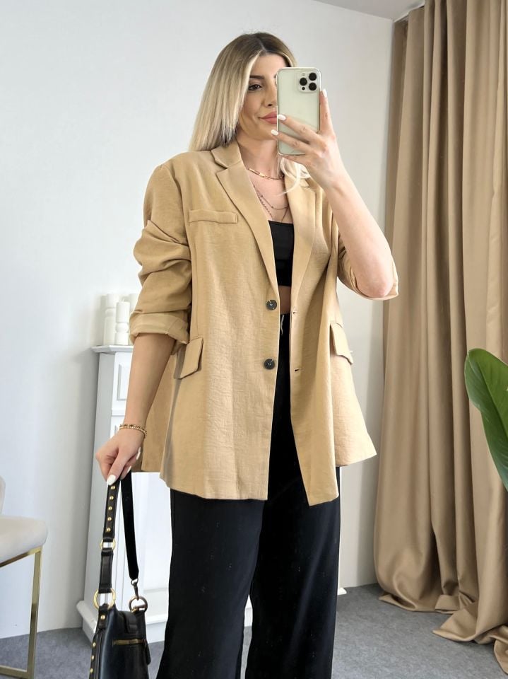 Camel Oversize Keten Ceket