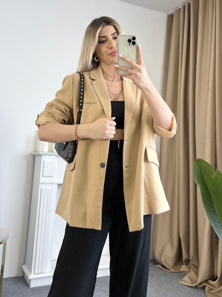 Camel Oversize Keten Ceket