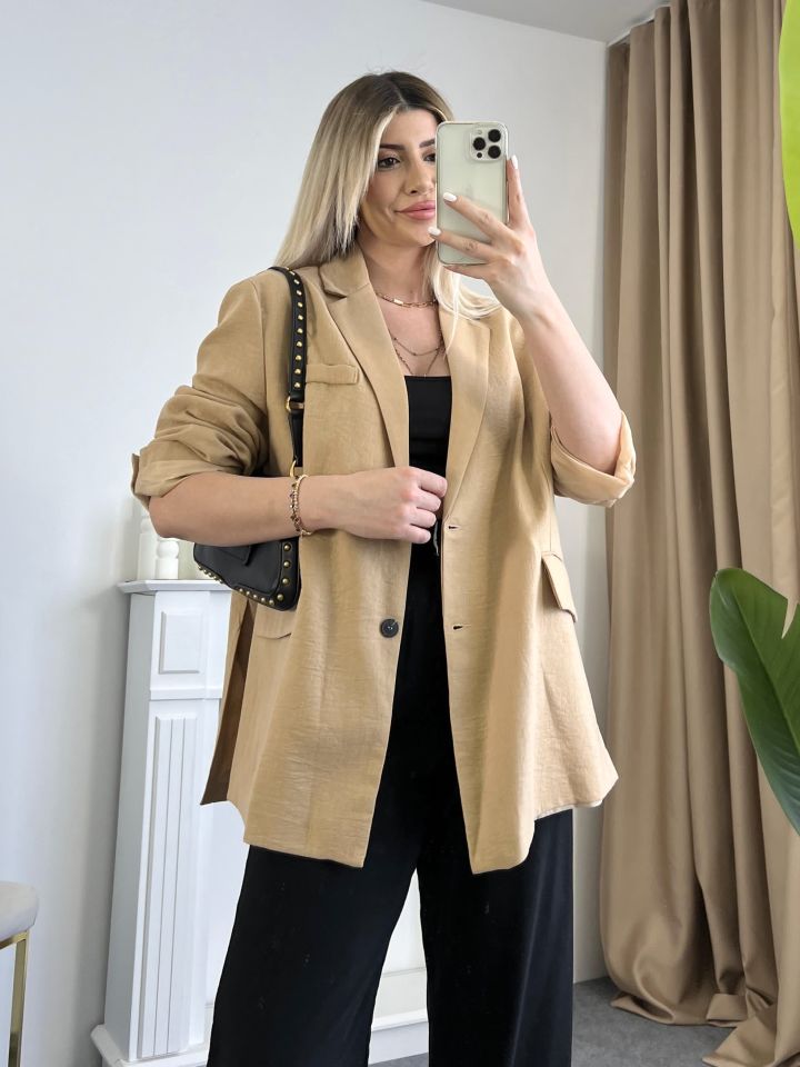 Camel Oversize Keten Ceket