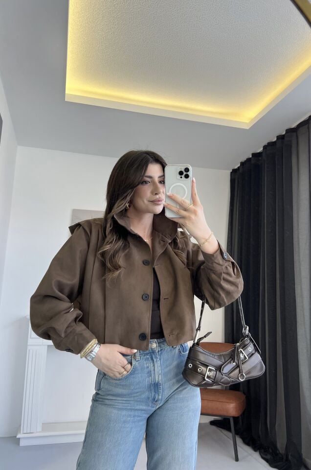 Marka Model Dik Yaka Nubuk Acı Kahve Ceket
