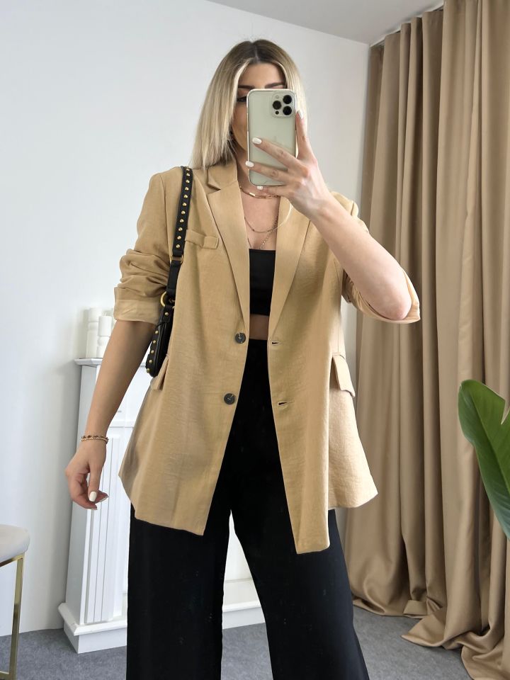 Camel Oversize Keten Ceket