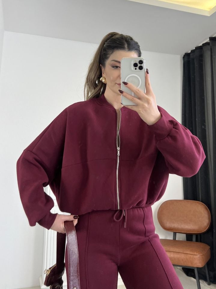 Bordo Dikiş Detaylı Pantolon Sweat Takım