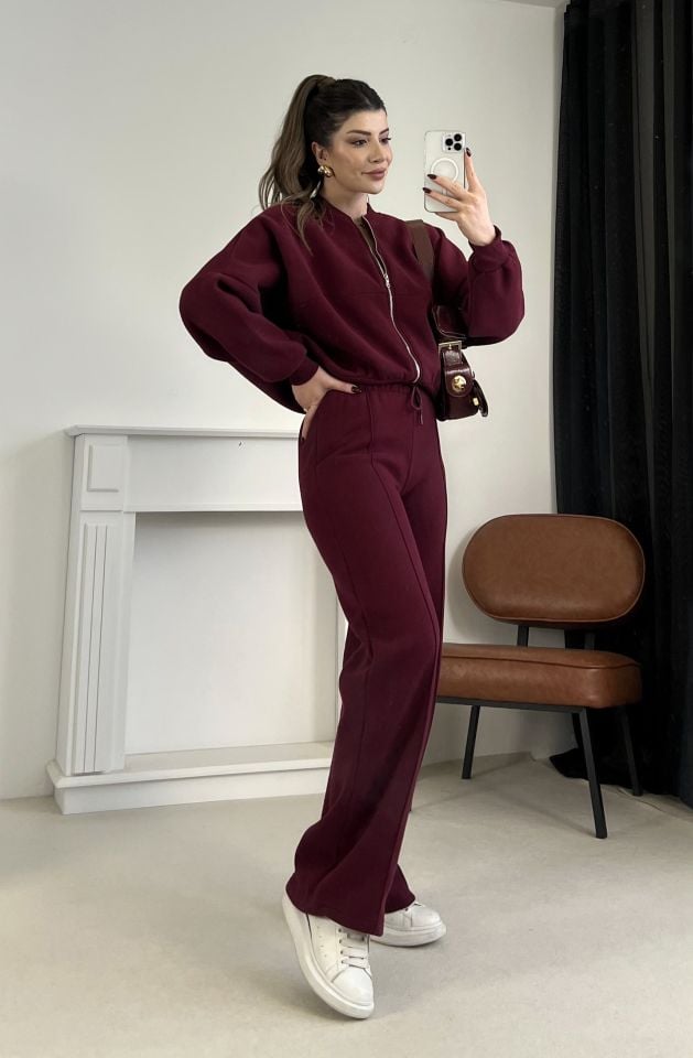 Bordo Dikiş Detaylı Pantolon Sweat Takım