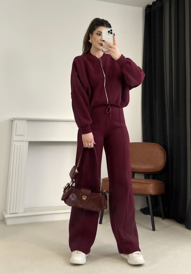 Bordo Dikiş Detaylı Pantolon Sweat Takım