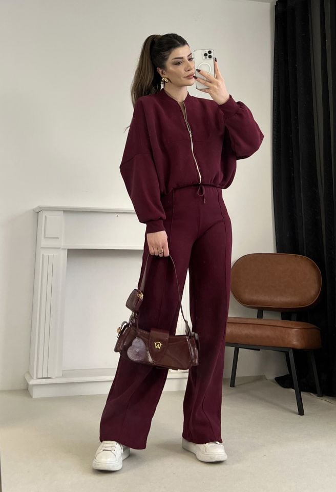Bordo Dikiş Detaylı Pantolon Sweat Takım