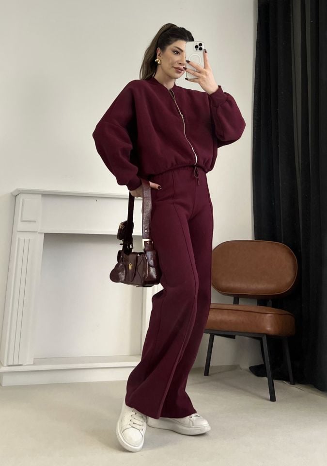 Bordo Dikiş Detaylı Pantolon Sweat Takım