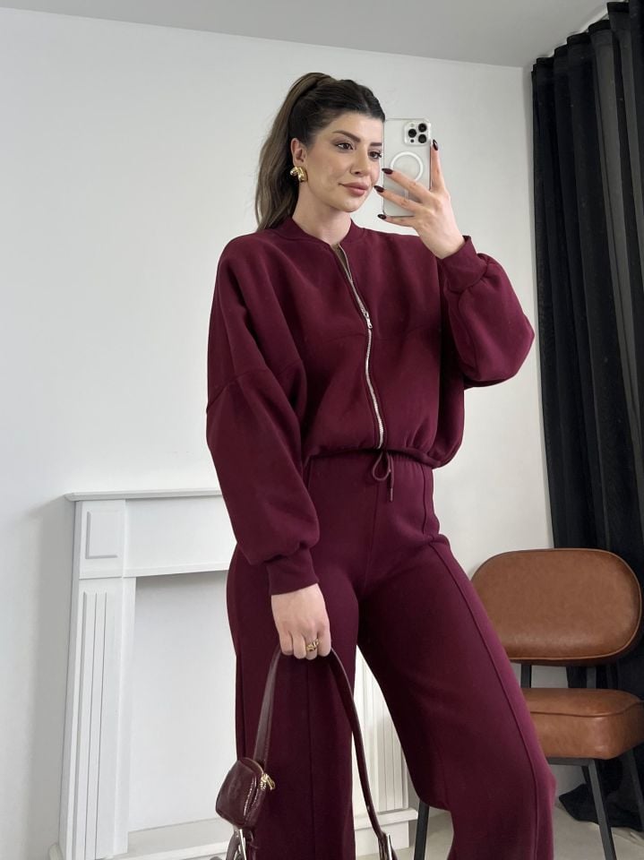 Bordo Dikiş Detaylı Pantolon Sweat Takım