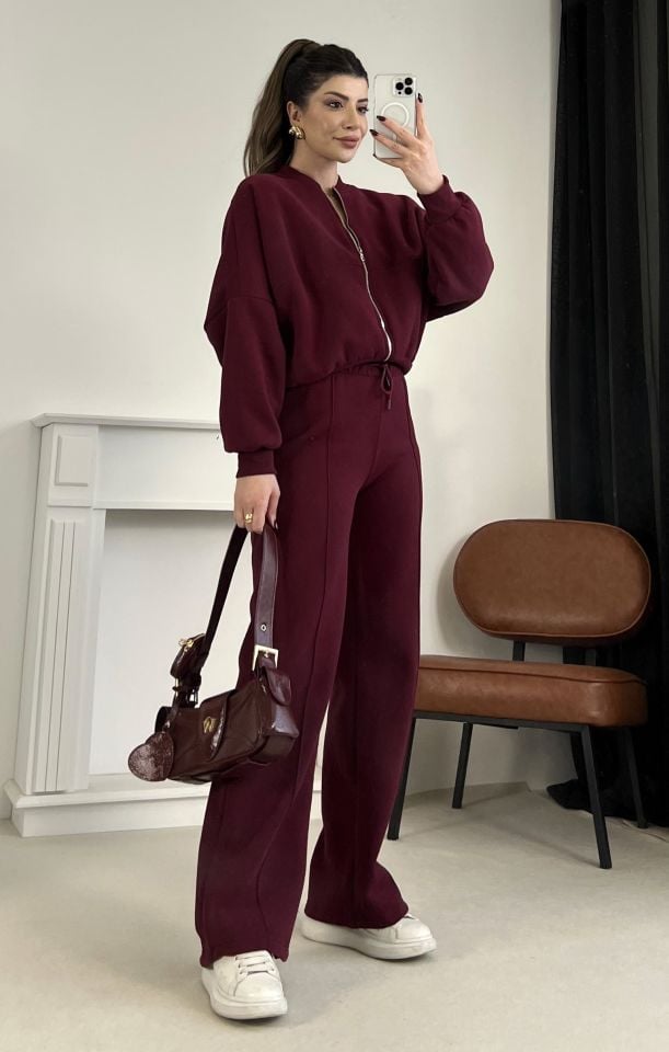 Bordo Dikiş Detaylı Pantolon Sweat Takım