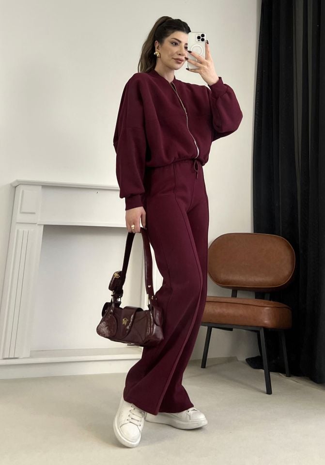 Bordo Dikiş Detaylı Pantolon Sweat Takım