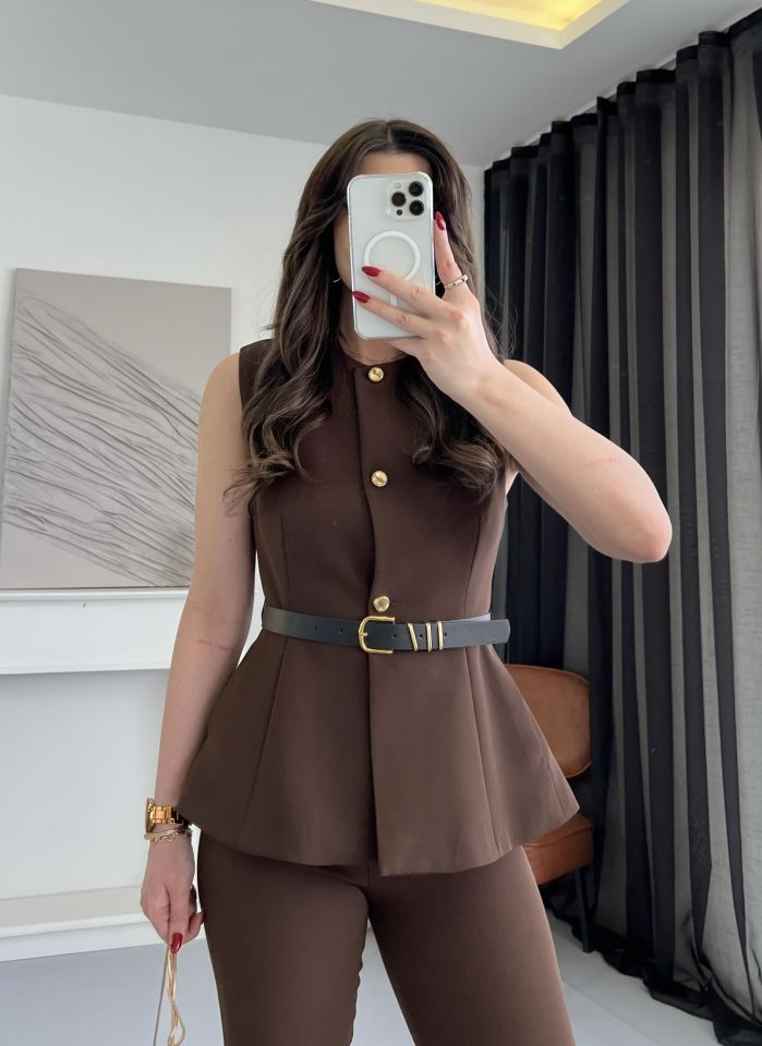 Kahve Gold Düğme Detay Yelek Pantolon Takım