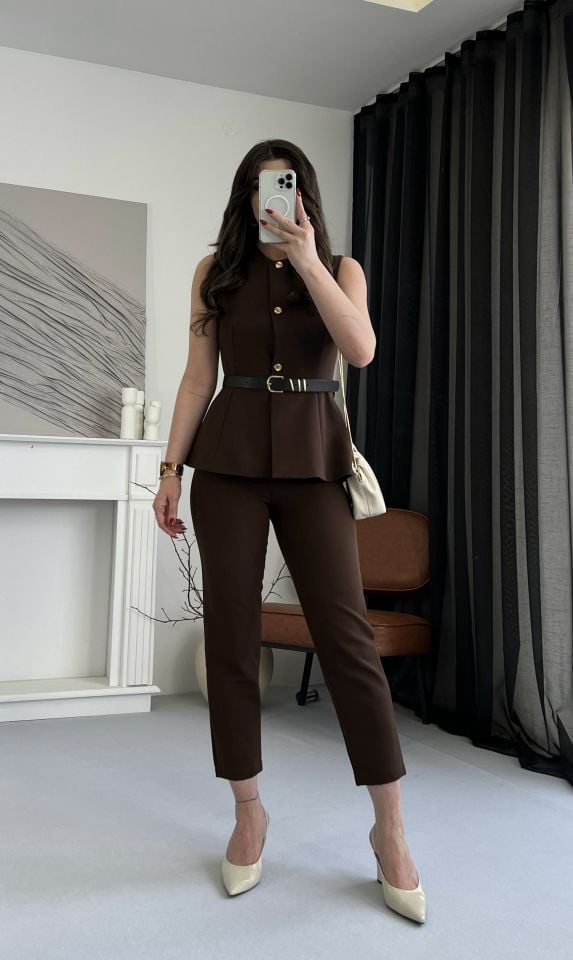 Kahve Gold Düğme Detay Yelek Pantolon Takım